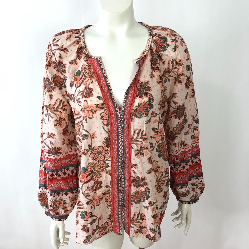 Sundance Medium Smocked Peasant Cotton Silk Button Top Blouse Pink Red MINT